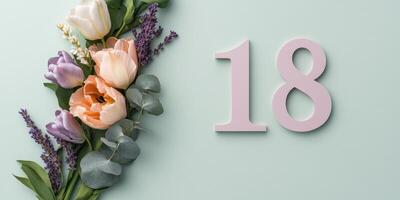 Elegant floral arrangement with number 18 using lavender and eucalyptus for special occasions photo