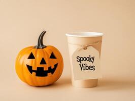 Minimalist Halloween branding with pumpkin and spooky vibes cup for festive design photo