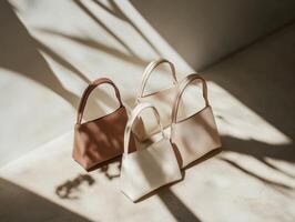 Stylish mini bags on light stone background perfect for fashion design and inspiration photo