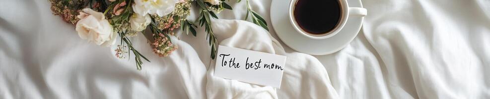 Minimalist breakfast tray with spring bouquet and coffee for mothers day inspiration photo