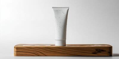 Minimalist design of white cosmetic tube with water droplets on wooden platform for product mockup photo