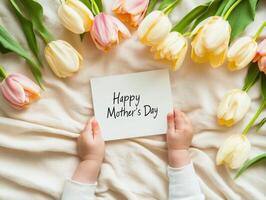Child offering mothers day card with tulips photo