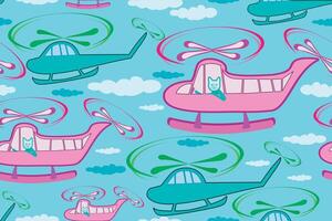 Seamless patterns of cute cats that drive helicopters with blue sky and clouds for children s backgrounds or printing. vector