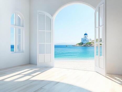 Serene beachfront view of greek island with whitewashed architecture photo