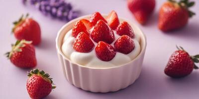 Elegant close up of strawberries with cream in designer ivory bowl for culinary design photo