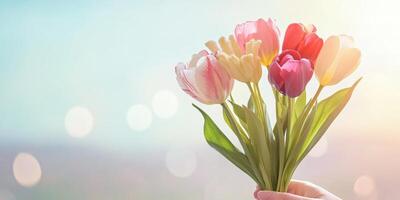 Soft focus spring bouquet with plum and tulip flowers for romantic home decor photo