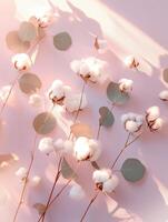 Elegant overhead composition of cotton flowers and eucalyptus leaves for natural decor photo