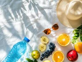 Summer picnic essentials with fruits and refreshments on a sunlit blanket photo