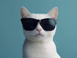 Ultra realistic close up portrait of relaxed white cat wearing sunglasses photo