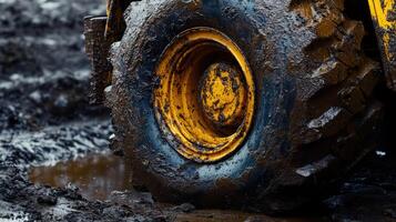 A close up of a yellow and black tractor tire photo