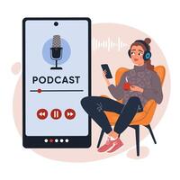 Illustration of a young woman listening to a podcast on her smartphone while relaxing in a chair with a cup of coffee. Digital media and audio streaming concept vector