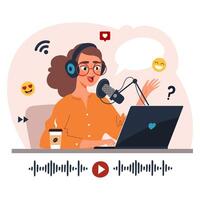 Young female blogger or online content creator recording a podcast. Audio streaming and digital broadcasting concept. Flat illustration vector