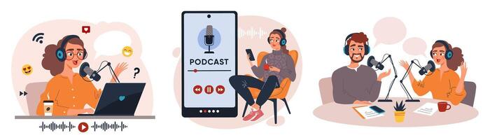 set with podcast scenes. people recording, listening, and co-hosting shows. Modern digital media, streaming, and content creation concept vector