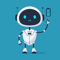Sad robot with a low battery icon and downcast expression. Ideal for error pages, low energy icons, or emotional states in apps vector