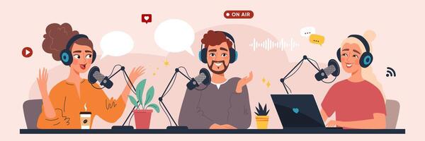 Podcasters recording a show. Man and two women in headphones speaking into microphones in a podcast studio. Flat illustration about digital broadcasting, blogging and content creation vector