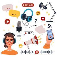 Podcasting icons set with microphones, headphones, smartphone app, and host avatar. Audio streaming and podcast concept. Flat illustration vector
