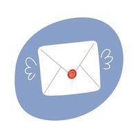 Cute flying envelope with red wax seal. Hand-drawn mail icon with wings, isolated on white background. Minimal flat illustration for email, message, communication, or postal service concepts vector