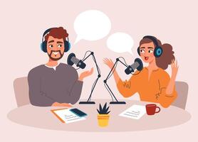 Two podcasters recording a show. Man and woman in headphones speaking into microphones in a podcast studio. Flat illustration about digital broadcasting, blogging and content creation vector