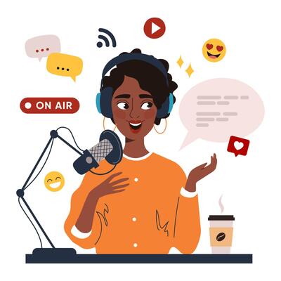 Cheerful black woman in headphones recording a podcast. Audio streaming and digital broadcasting concept. Flat illustration