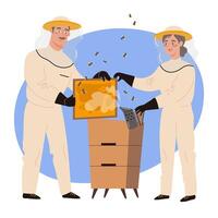Equipped beekeepers gathering honey from a beehive. Apiary or beekeeping workers in suits work with honeycomb frames. Flat illustration vector