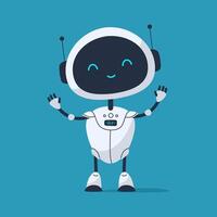 Adorable robot waving hello with a joyful expression. Friendly and positive futuristic character ideal for greetings, onboarding screens, or childrens tech interfaces vector