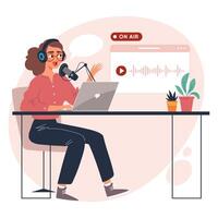 Young woman recording podcast at studio with microphone and laptop. illustration about digital broadcasting, blogging and content creation vector