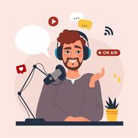 A smiling bearded man is hosting a podcast, speaking into a microphone with headphones on. Digital elements highlight live streaming, comments, and interaction, creating a modern media vibe vector
