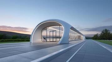 Sleek minimalist structure illuminated at twilight in mountain setting photo