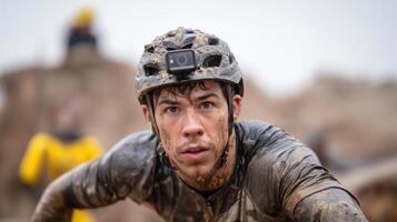 Athlete with Action Camera During Mud Obstacle Race photo