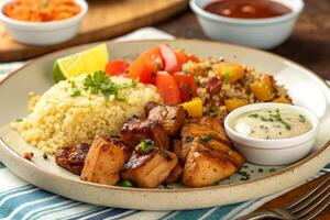 Delicious grilled chicken with couscous and vegetables plate with side sauces presented in a stylish composition photo