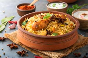 Delicious chicken biryani dish served in a clay pot with spices and accompaniments on a table photo