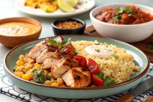 Delicious grilled chicken with couscous and assorted accompaniments serving a healthy and balanced meal for lunch or dinner photo