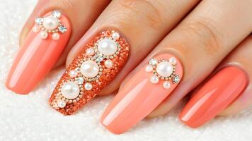 Close up of a hand with coral colored manicured nails adorned with pearls and shimmering crystals reflecting light. photo