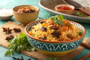 A visually appealing close up of aromatic and flavorful indian biryani rice with multiple sides and garnishes photo