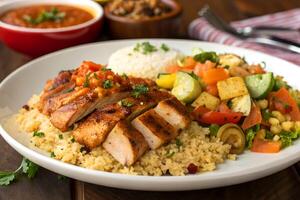 Delicious grilled chicken with couscous and fresh salad on a plate ready to serve for dinner or lunch photo