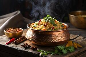 Steaming delicious biryani served in a copper pot with spices on a rustic wooden surface for food photography photo