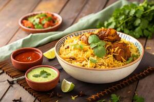 Delicious and aromatic indian chicken biryani served with various accompaniments on a rustic wooden table photo