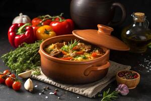Rustic beef stew in a clay pot surrounded by fresh ingredients and herbs on a dark background photo
