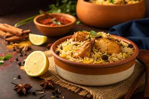 Aromatic indian chicken biryani served with spices lemon wedges and sauces in traditional bowls on a textured surface photo