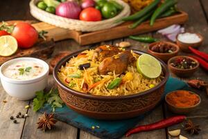 A deliciously vibrant chicken biryani with fresh vegetables and spices displayed on a rustic wooden table setting photo