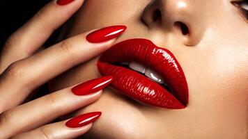 Close up of a woman's face with bright red lipstick and matching fingernails with a sensual touch photo