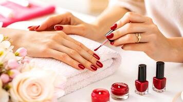 Manicurist applying vibrant red nail polish to a client's hand in a serene spa setting creating a perfect manicure photo