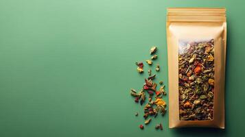 Green tea bag with dried herbs on a green background photo