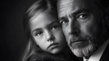 A man and a little girl are posing for a black and white photo