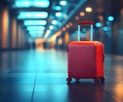 A red suitcase sitting on the floor in an airport photo
