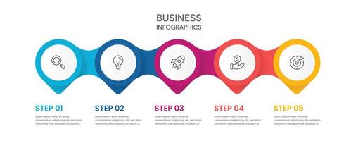 Modern horizontal business infographic with five colorful steps and minimal line icons. Perfect for presentations, workflow diagrams, project planning, or marketing strategy visuals. vector