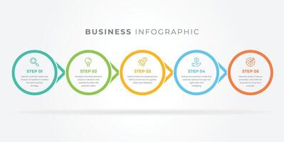 infographic template featuring five circular business steps with modern icons, bright colors, and clean layout. Ideal for presentations, strategies, marketing, and planning visuals. vector