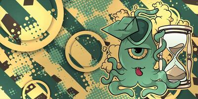 an image of an octopus with a clock on it vector