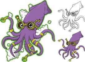 an octopus with goggles and a hat is shown in a cartoon style vector