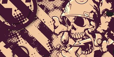 a skull with a hat and a cigarette in front of a grungy background vector